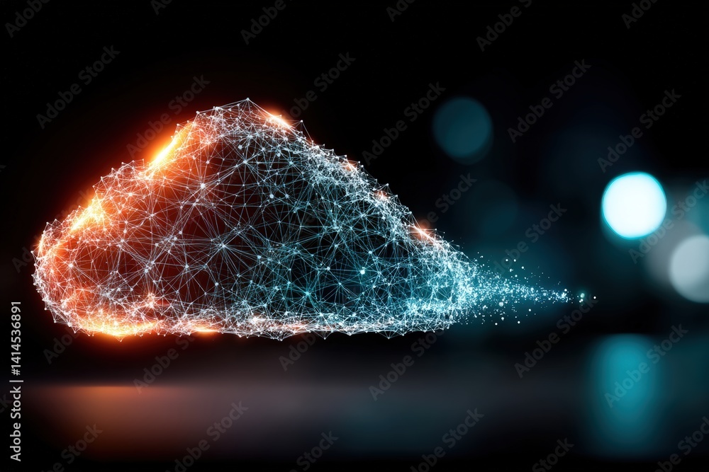 Poster a futuristic digital cloud composed of illuminated lines and nodes, representing connectivity and te