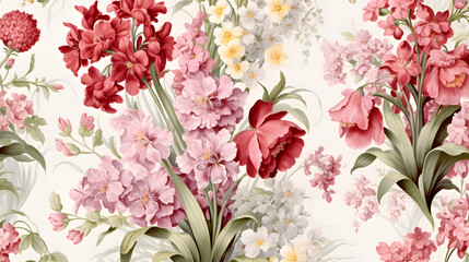 carnations and snowdrop flowers with antique Chintz style wallpaper background poster decorative painting
