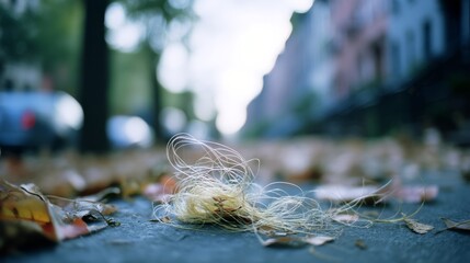 Strands of golden hair intertwined, resting on an urban path lined with fallen autumn leaves, capturing a moment of quiet contemplation.