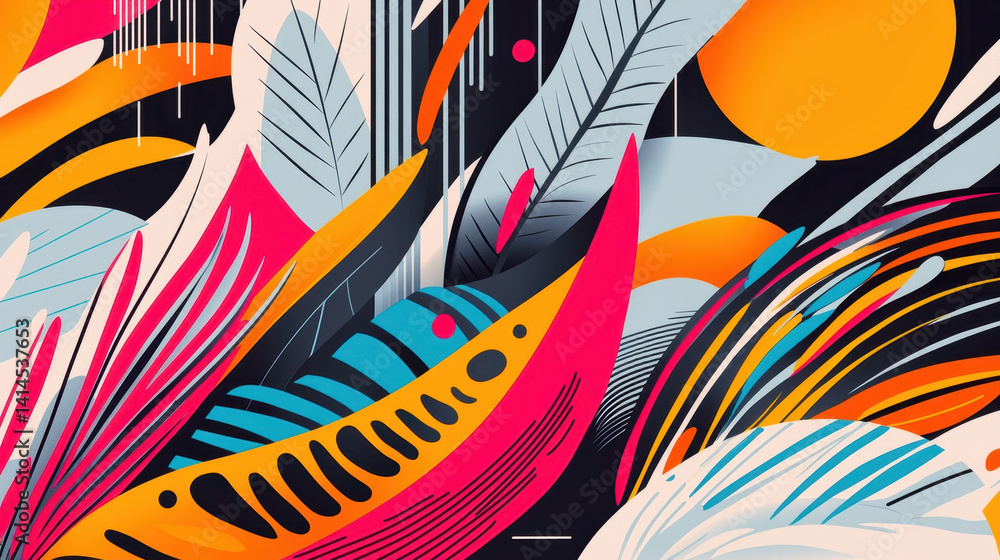 Poster vibrant abstract floral artwork with bold colorful leaves and dynamic shapes in a modern design styl