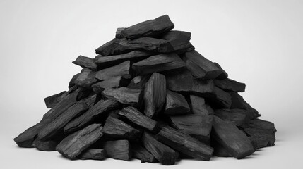 Pile of Natural Charcoal Pieces Arranged in a Pyramid Shape on a White Background in Studio Lighting