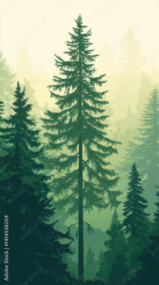 Poster serene evergreen forest illustration with misty background and atmospheric depth capturing tranquili
