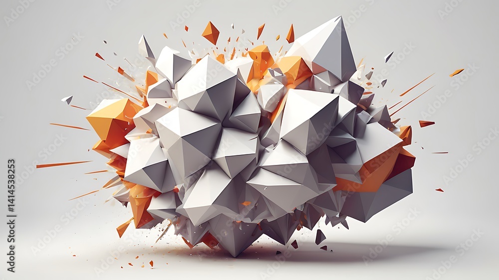 Poster abstract 3d rendering of exploding geometric shapes in white and orange