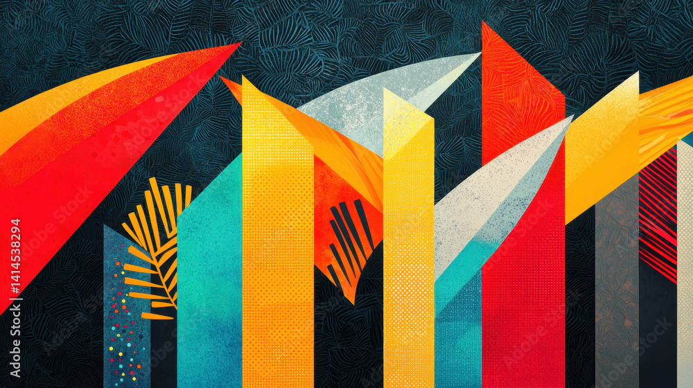Aufkleber colorful abstract geometric art with angular shapes and vibrant patterns featu bold red yellow blue 