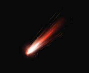 Falling asteroid or comet with fire and dust tail, realistic vector cosmic shooting meteorite in space with light trail