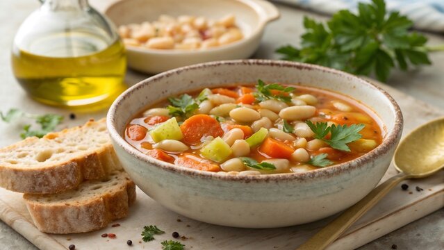 Fasolada bean soup with vegetables and olive oil