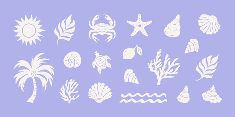 The hand-drawn summer boho vintage icon set features a palm,  a turtle, sun, sea, shells, and crab in a groovy naive style —ideal for vacation-themed vector logos, prints, posters, and travel designs.