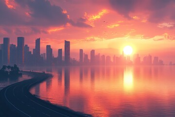 Obraz premium Majestic Sunrise Casting a Warm Glow Over a Bustling Metropolis . Futuristic Background