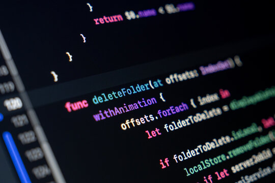 Swift function code on screen showing folder deletion logic with animation and loop structure
