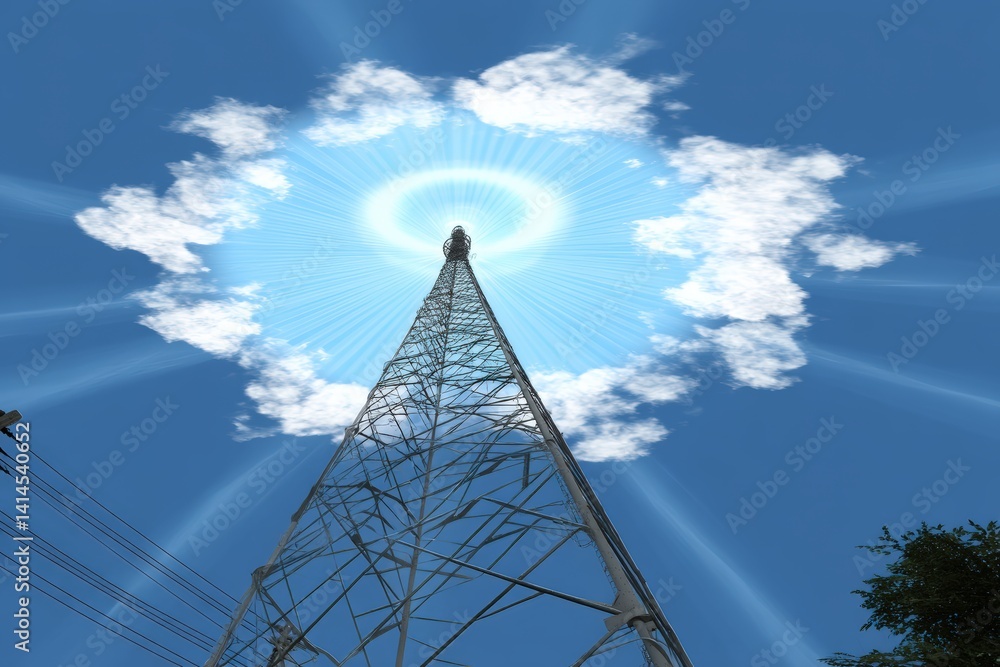 Poster a tall radio tower reaching towards a bright blue sky, surrounded by clouds and beams of light, crea