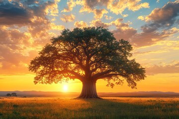 Naklejka premium Baobab Tree Towering Over the Vast African Savanna . Sunrise Background