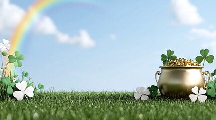 Gold pot of coins, shamrocks, rainbow, sky, grass; St. Patrick's Day