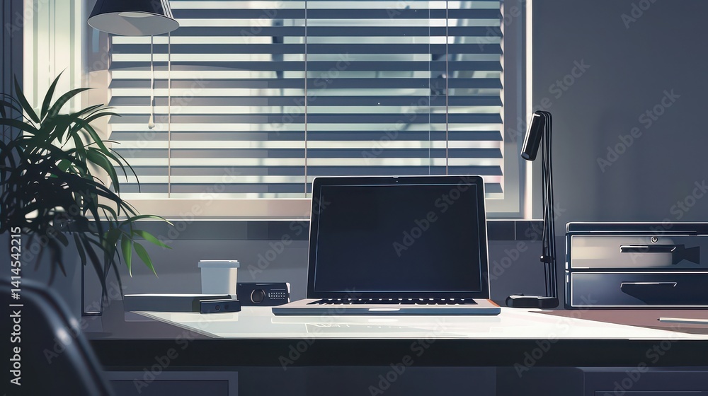 Poster a laptop on a desk with a plant and a lamp in front of a window with blinds in an office setting