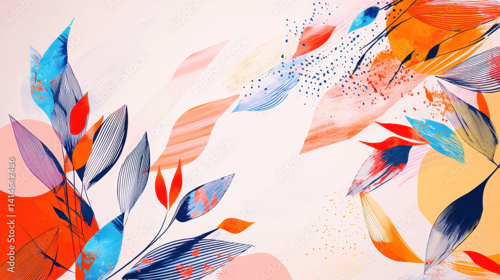 Poster abstract vibrant colorful leaf and brush stroke background with splashes and fluid shapes in art sty