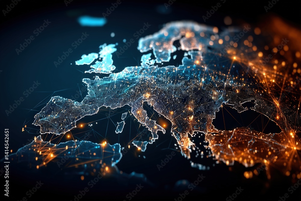 Poster a digital map of europe highlighted with glowing connections, showcasing a modern and interconnected