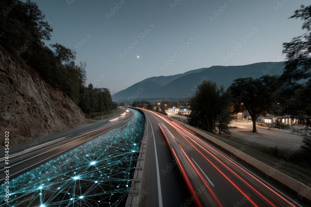 Poster a futuristic highway scene with light trails and digital network patterns, set against a backdrop of