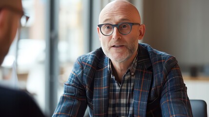 Fototapeta premium Bald man with glasses and a plaid jacket in conversation with another person indoors near a window