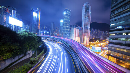 Fototapeta premium vibrant cityscape night showcasing illuminated skyscrapers and light trails from moving vehicles, creating dynamic urban