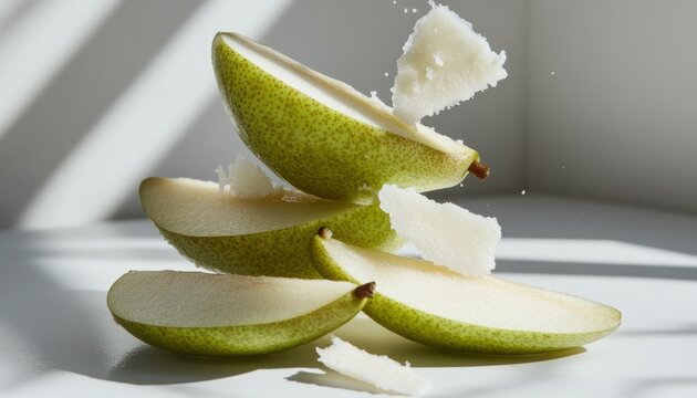 Layered pear slices with par ceeb a fresh fruit delicacy modern kitchen photography bright environment captivating composition