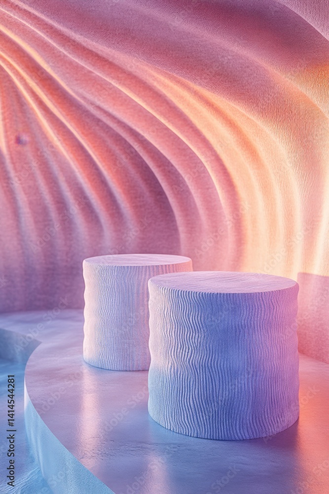 Poster elegant product display with two textured podiums in a fluid room with soft light and pastel colors 