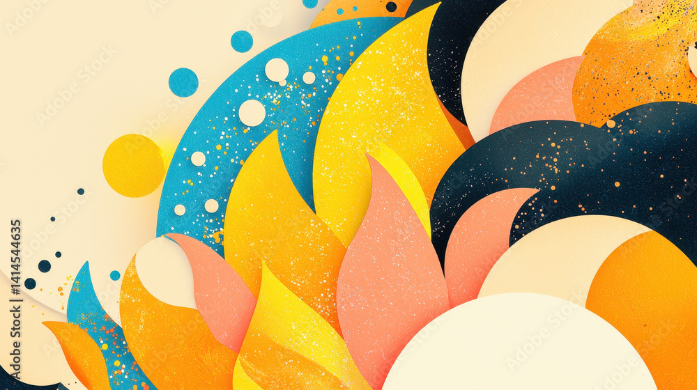 Poster vibrant abstract art with bright colors and dynamic shapes featu swirls curves and dots in a creativ