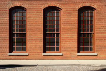 Fototapeta premium Elegant brick factory exterior with arched windows showcasing architectural detail in daylight