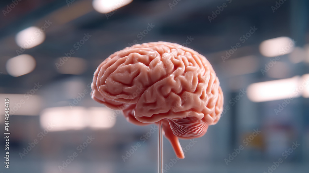 Poster a detailed, realistic model of a human brain, displayed on a stand in a modern environment, emphasiz