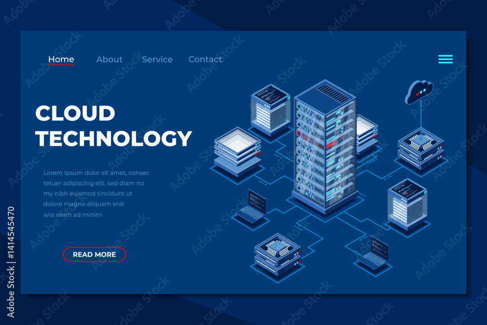 Poster cloud computing isometric landing page. cloud storage server. cloud computing online database techno