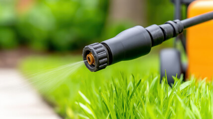 A garden hose nozzle sprays water onto lush green grass, showcasing effective lawn care and maintenance in a vibrant outdoor setting.