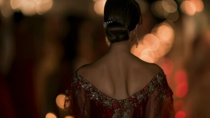 Elegant model displaying intricately embroidered traditional indian lehenga choli, walking gracefully across candlelit runway with sophisticated runway presence and cultural fashion styling - Powered by Adobe