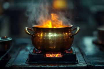 A bronze colored iron pot heated on the stove