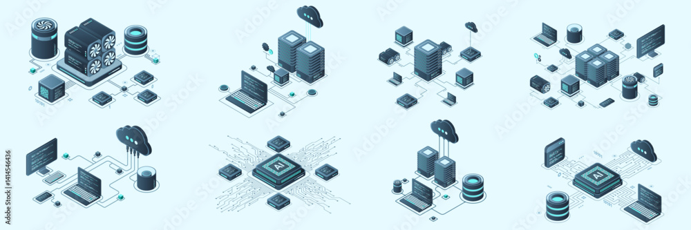Poster set of isometric modern technology concept for cloud computing, datacenter, database, artificial int