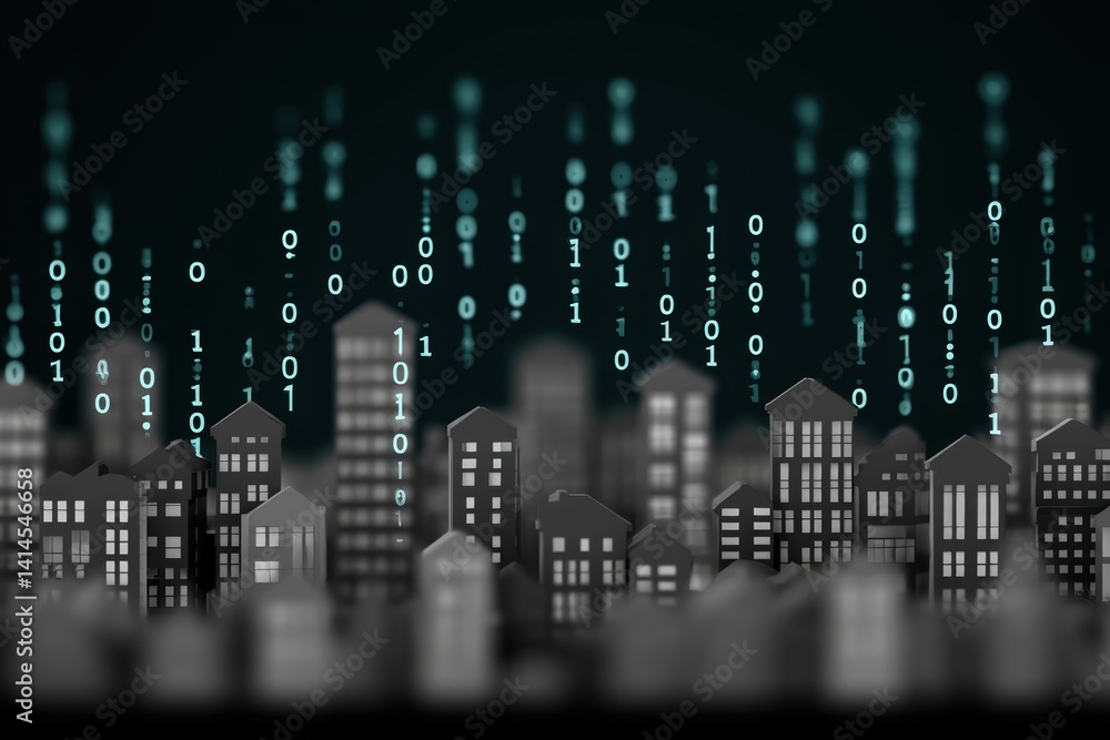 Poster a digital cityscape showcases buildings with binary code raining down, symbolizing the fusion of tec