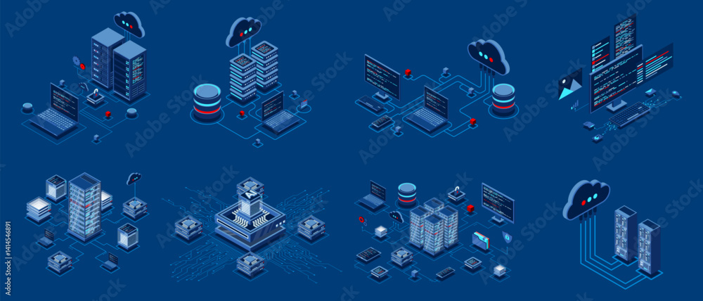 Poster set of isometric modern technology concept for cloud computing, datacenter, database, artificial int