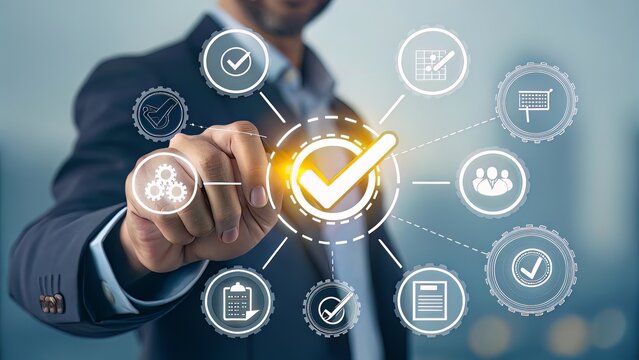 A man?s hand reaches toward a central glowing checkmark surrounded by circular icons for business processes and compliance.