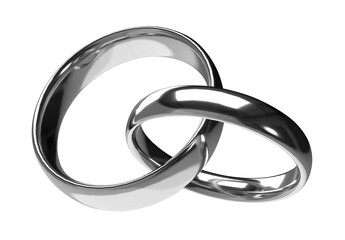 Silver wedding rings. 3D rings illustration for Valentines day. Symbols of love and fidelity. Male and female platinum ring interlocked with each other