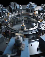 High angle shot showcases a complex ring-shaped machine with intricate metal components, precision, and dark background.