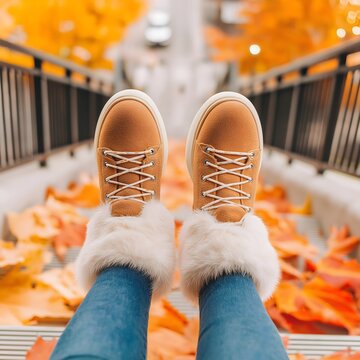 Top view of a person's legs wearing blue jeans and brown boots with white fur trim, on stairs covered with colorful autumn leaves. The stair railings and a city street in the blurred background.