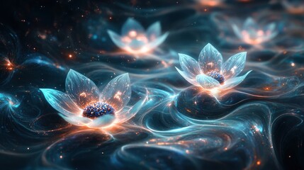Fototapeta premium Glowing Lotus Flowers in a Dreamlike, Abstract Digital Artwork