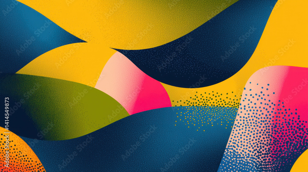 Poster abstract colorful landscape illustration with vibrant curves, dots, and gradients creating a dynamic