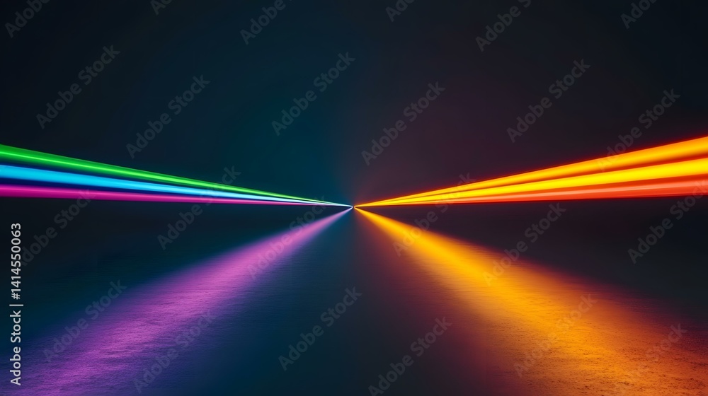 Poster vibrant, multicolored neon light streaks converge at a vanishing point on a dark, reflective surface