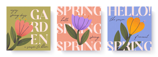 Spring illustrations with artistic hand drawn flowers.Bold typography card templates with blooming floral design.Seasonal backgrounds for spring holidays decor,prints,invitations,offers,greetings