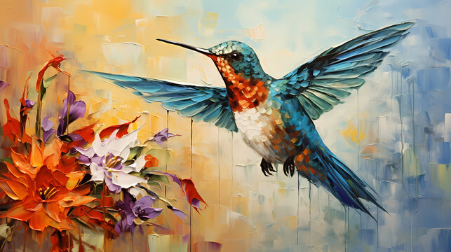 hummingbird close-up over a flower painted with texture paste palette knife in relief on a light background abstract decorative painting