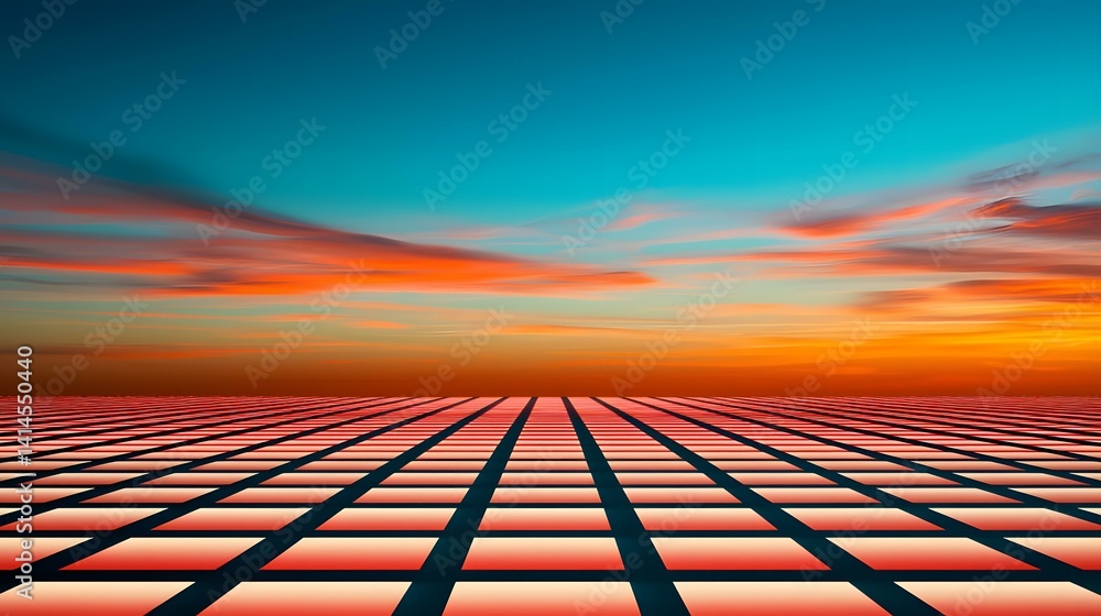 Poster a digital rendering of a receding grid of red squares set against a vibrant sunset sky.