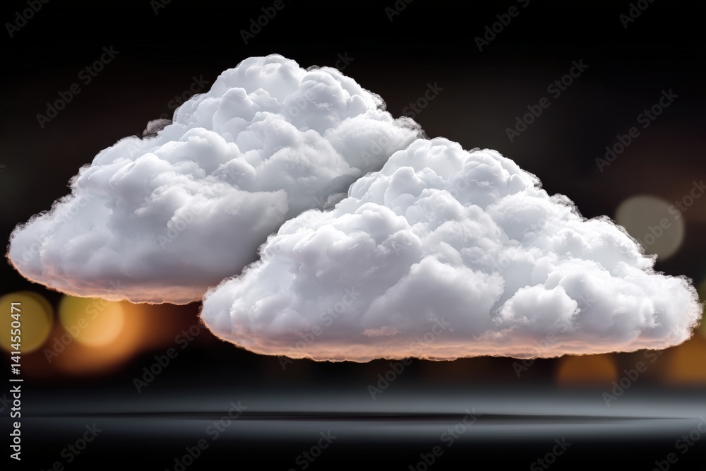 Poster two fluffy clouds float against a dark background, illuminated by soft bokeh lights, creating a sere