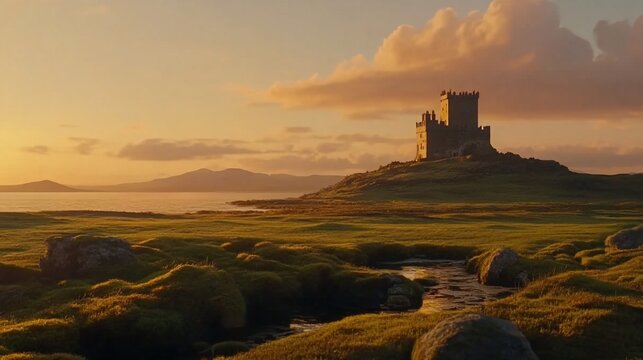 Coastal castle at golden sunset