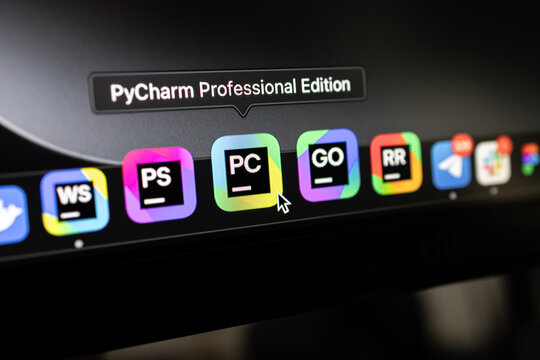 Poznan, Poland &ndash; April 14, 2025: selected PyCharm IDE icon for Python development in macOS Dock interface with dark theme