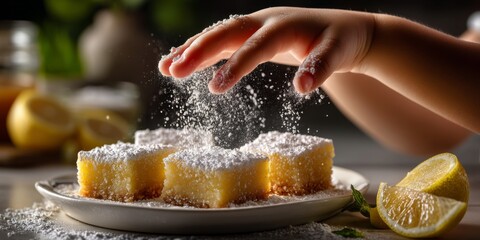 Child hand sprinkling icing sugar on homemade lemon bars
