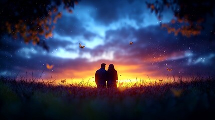 Fototapeta premium Couple silhouettes watching sunset romantic scene