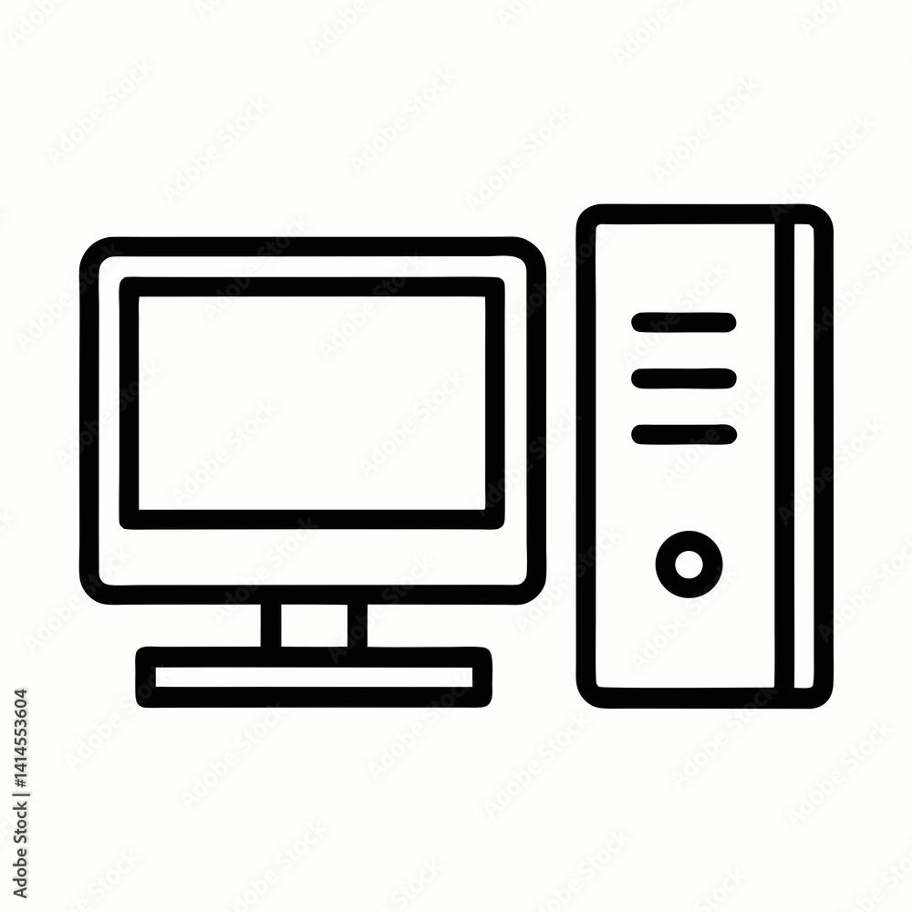 Poster desktop computer with monitor and tower case outline icon vector illustration